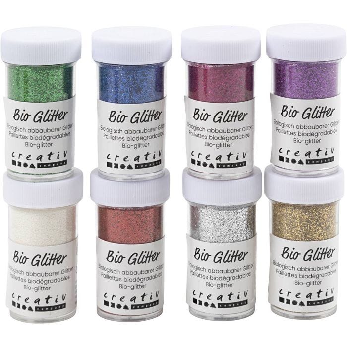 Biologisk nedbrytbart glitter, ass. farger, 8x27 ml/ 1 pk.