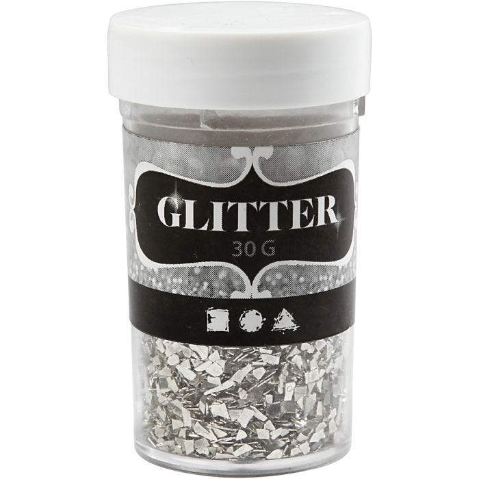 Glitter, str. 1-3 mm, sølv, 30 g/ 1 boks