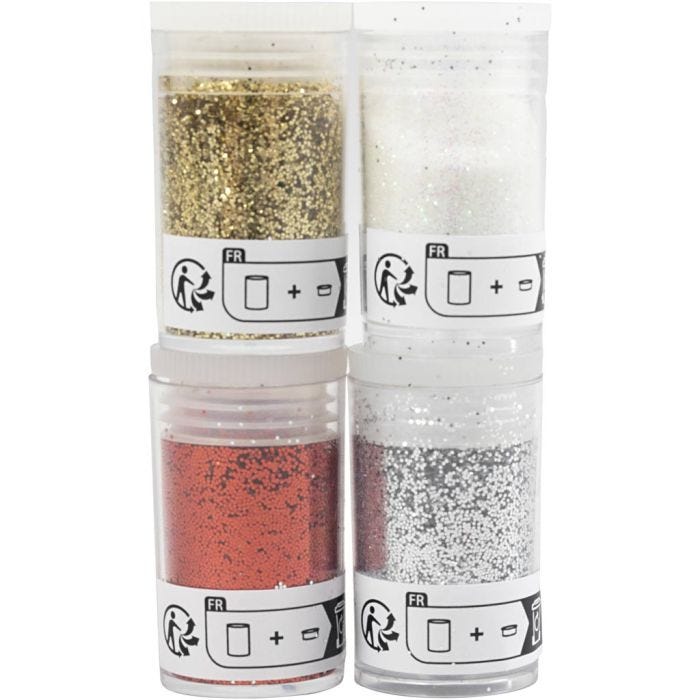 Glitter og Paljetter, gull, rød, sølv, hvit, 4x5 g/ 1 pk.