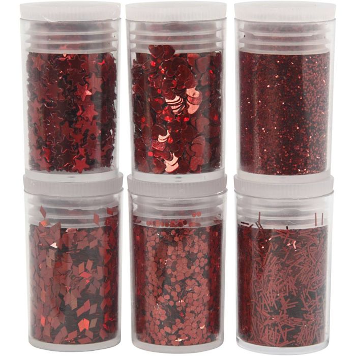 Biologisk nedbrytbart glitter og paljetter, rød, 6x7 ml/ 1 pk.