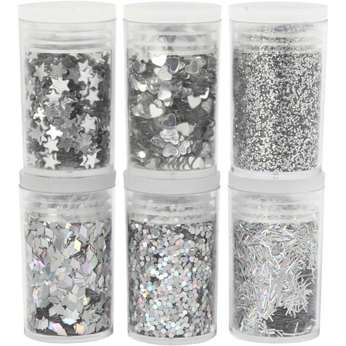 Biologisk nedbrytbart glitter og paljetter, sølv, 6x7 ml/ 1 pk.