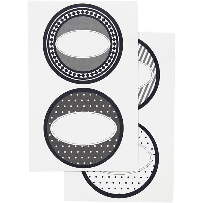 Stickers, dia. 4 cm, ark 9x14 cm, 4 ass. ark/ 1 pk.
