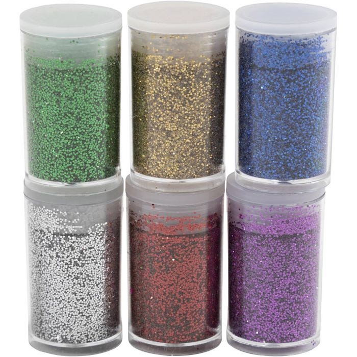 Biologisk nedbrytbart glitter, ass. farger, 6x7 ml/ 1 pk.