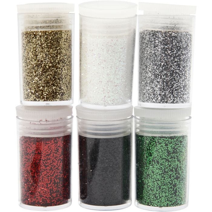 Glitter, ass. farger, 6x5 g/ 1 pk.