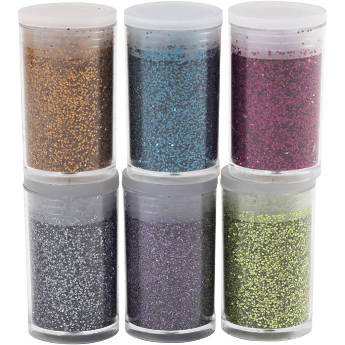 Biologisk nedbrytbart glitter, ass. farger, 6x7 ml/ 1 pk.