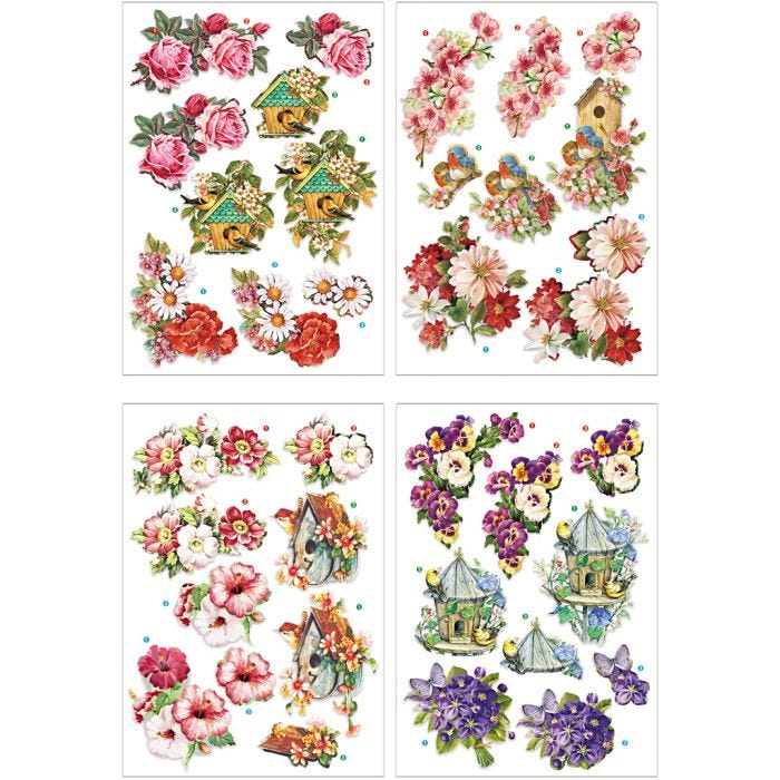 3D Motiver, blomster og fugler, ark 21x30 cm, 4 ark/ 1 pk.