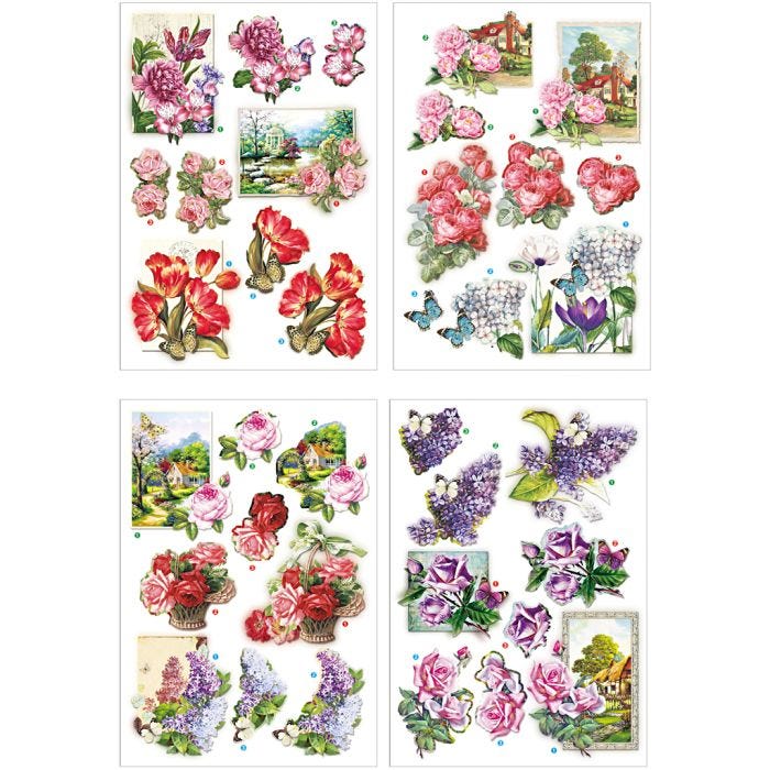 3D Motiver, blomster og sommerfugler, ark 21x30 cm, 4 ark/ 1 pk.
