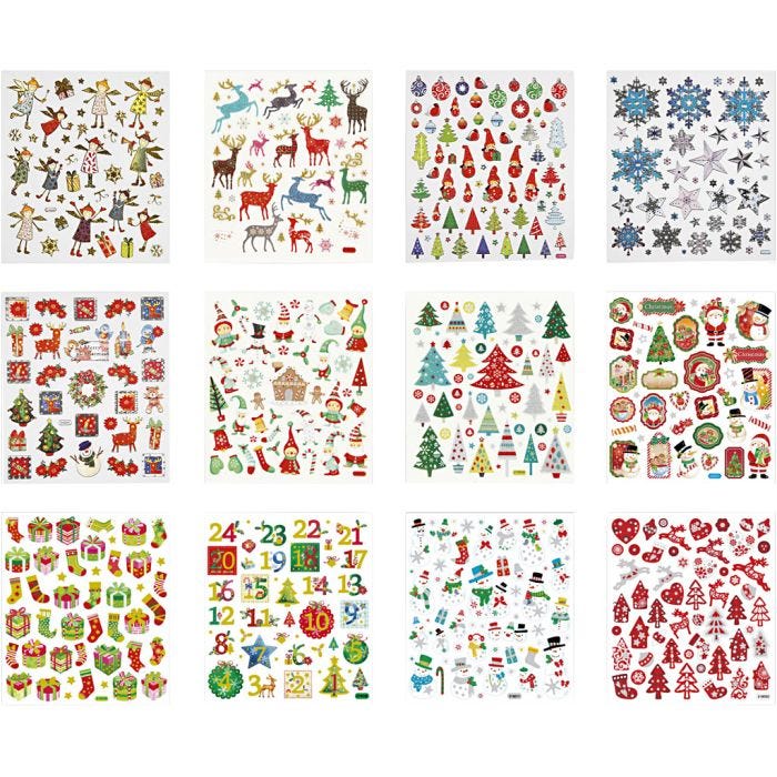 Klistremerker, jul, ark 15x16,5 cm, 12 ark/ 1 pk.