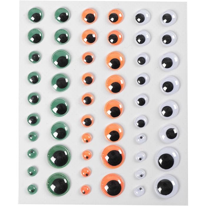 Rulleøyne , selvklebende, dia. 6+8+10+12+15 mm, grønn, orange, hvit, 54 stk., 1 ark