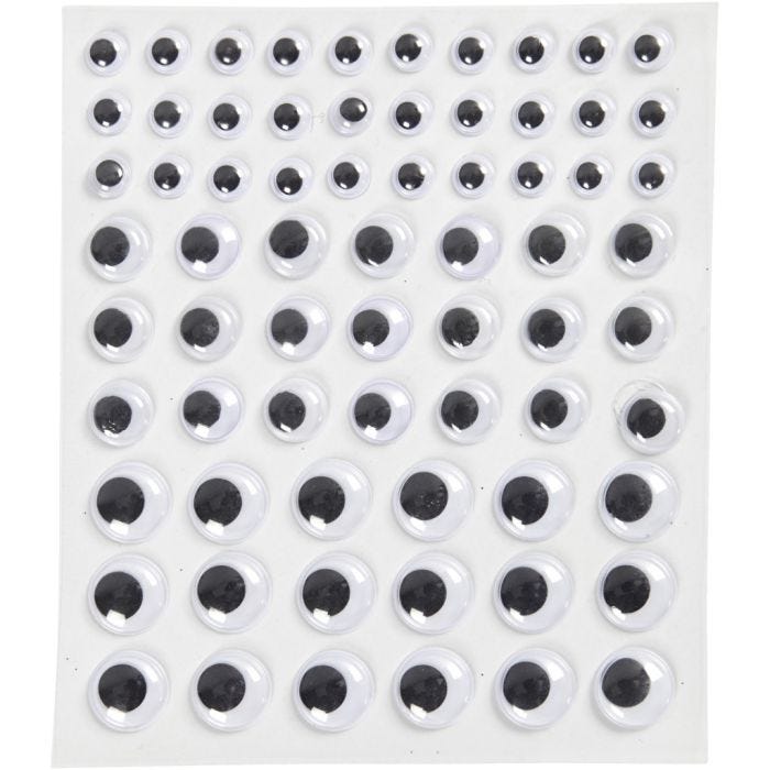 Bevegelige øyne, selvklebende, dia. 8+12+14 mm, hvit, 69 stk., 1 ark