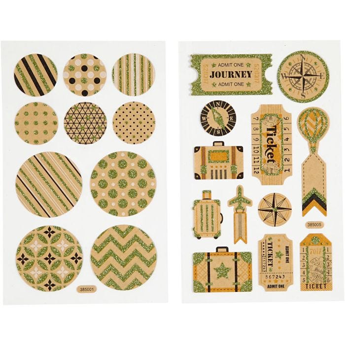 Stickers, koffertmerker og sirkler, ark 10x16 cm, 4 ark/ 1 pk.
