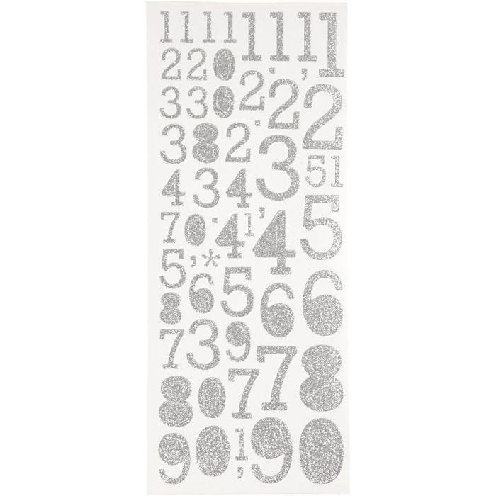 Glitterstickers, tall, ark 10x24 cm, sølv, 2 ark/ 1 pk.