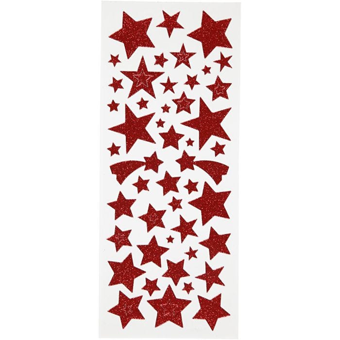 Glitterstickers, stjerner, ark 10x24 cm, rød, 2 ark/ 1 pk.