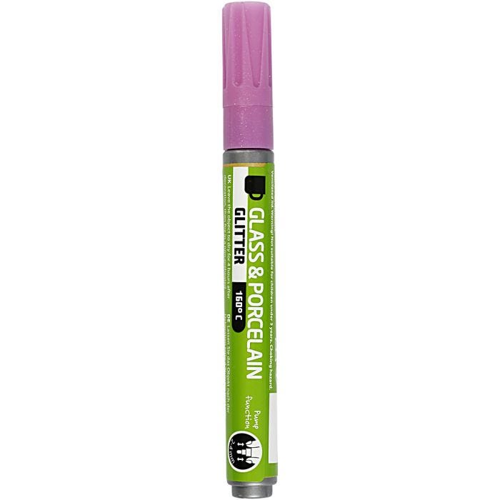 Glass- og Porselenstusj, glitter, strek 2-4 mm, semi opaque, pink, 1 stk.
