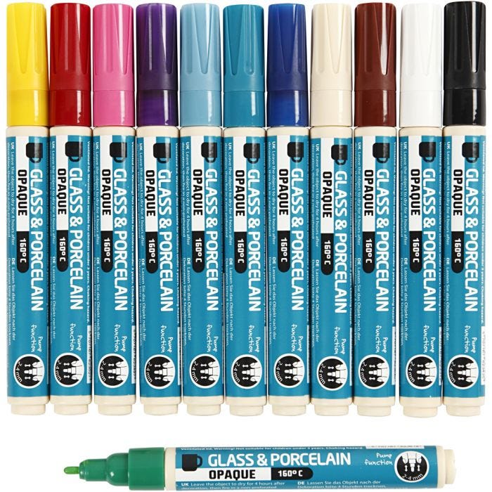 Glass- og porselenstusjer, strek 2-4 mm, dekkende, ass. farger, 12 stk./ 1 pk.