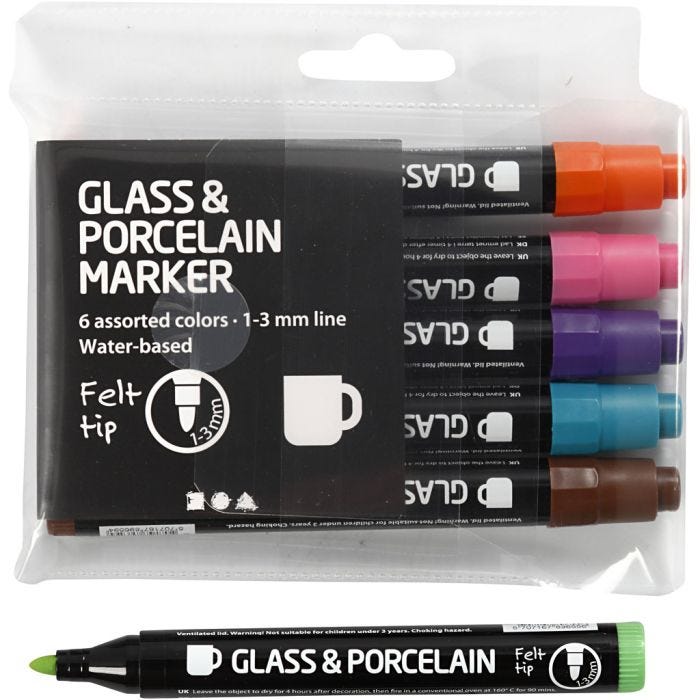 Glass- og Porselenstusjer, strek 1-3 mm, semi opaque, suppl. farger, 6 stk./ 1 pk.