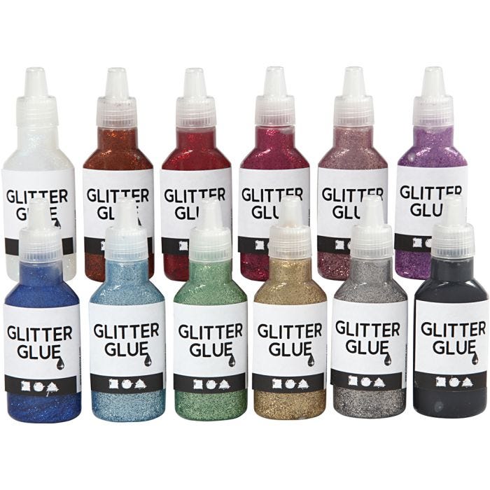 Glitterlim, ass. farger, 12x25 ml/ 1 pk.