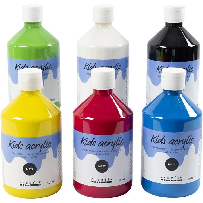 Akrylmaling Matt, primær farger, 6x500 ml/ 1 pk.