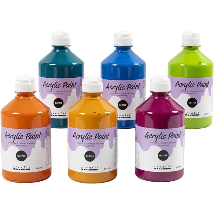 Akrylmaling med glitter, ass. farger, 6x500 ml/ 1 pk.