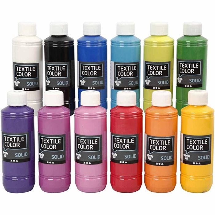 Tekstilfarge, dekkende, ass. farger, 12x250 ml/ 1 pk.