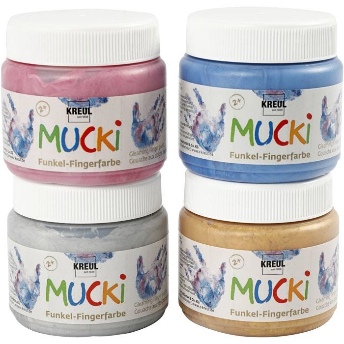 Mucki Fingermaling, metallic blå, metallgull, metallic rosa, metallsølv, 4x150 ml/ 1 pk.