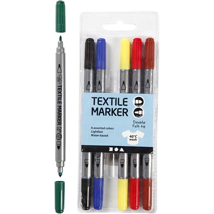 Tekstiltusjer, strek 2,3+3,6 mm, standardfarger, 6stk./ 1 pk.