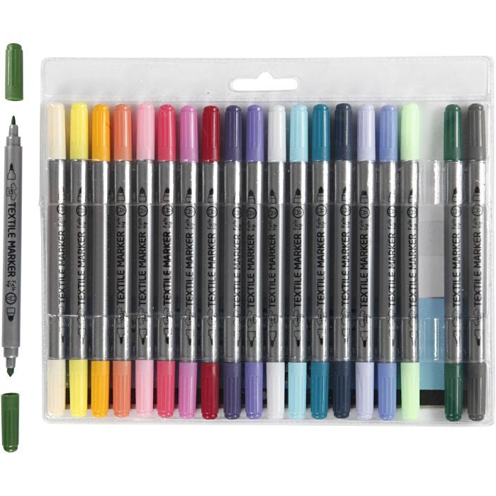 Tekstiltusjer, strek 2,3+3,6 mm, suppl. farger, 20 stk./ 1 pk.