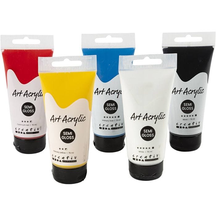 Akrylmaling, grunnfarger, halvblank, ass. farger, 5x75 ml/ 1 pk.