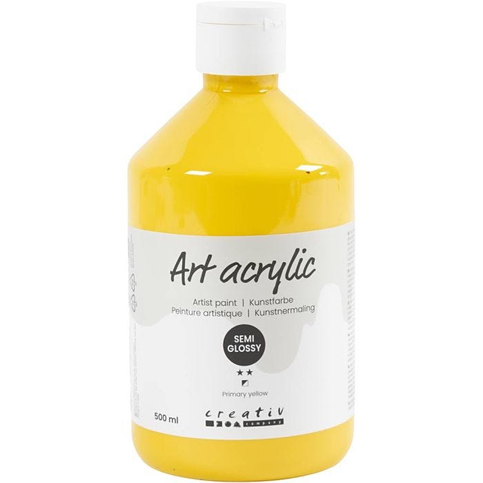 Akrylmaling, halvblank, transparent, primær gul, 500 ml/ 1 fl.