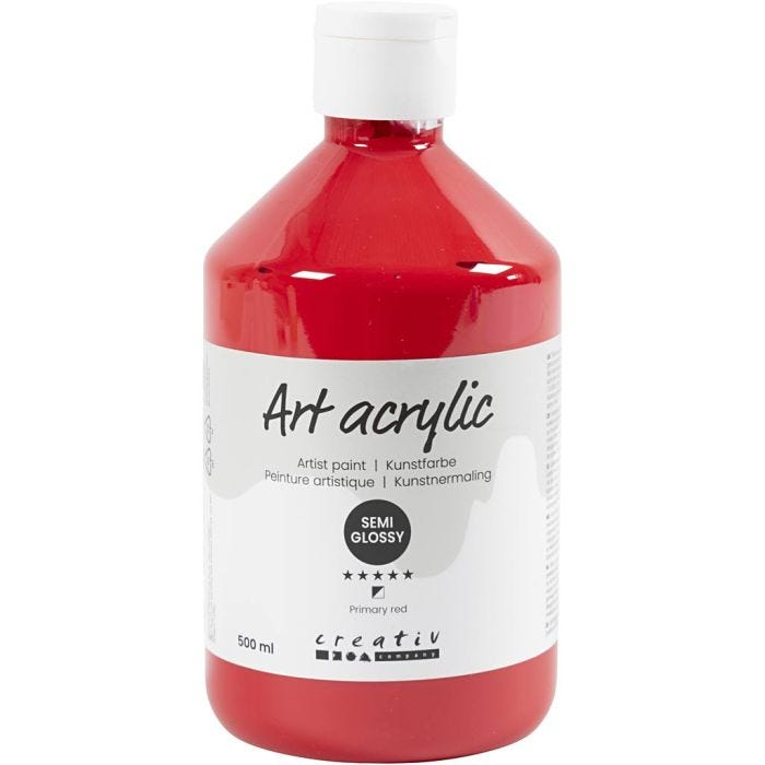 Akrylmaling, halvblank, semi transparent, primær rød, 500 ml/ 1 fl.
