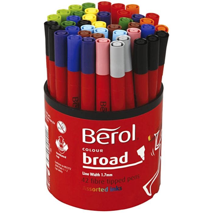 Berol Tusj, dia. 10 mm, strek 1-1,7 mm, ass. farger, 42 stk./ 1 boks
