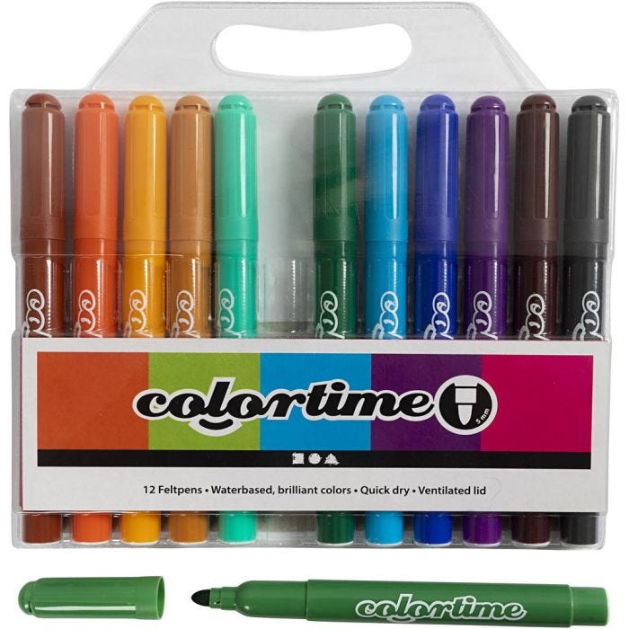 Colortime tusjer, strek 5 mm, suppl. farger, 12 stk./ 1 pk.