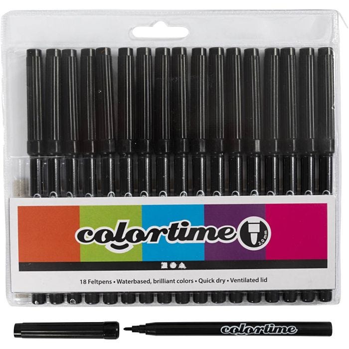 Colortime tusjer, strek 2 mm, svart, 18 stk./ 1 pk.