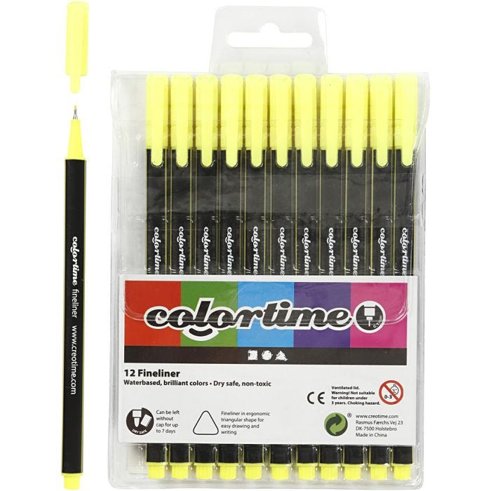 Colortime Fineliner-tusjer, strek 0,6-0,7 mm, gul, 12 stk./ 1 pk.
