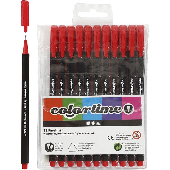 Colortime Fineliner-tusjer, strek 0,6-0,7 mm, rød, 12 stk./ 1 pk.