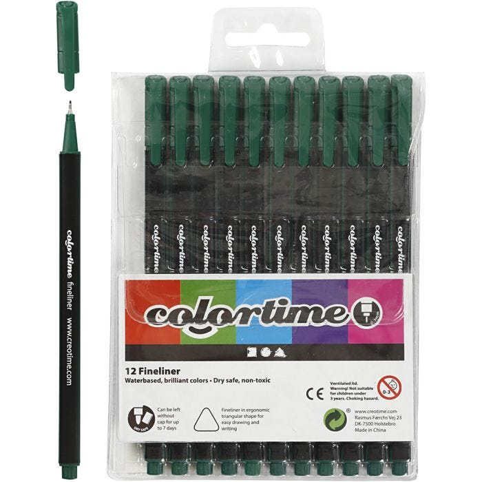 Colortime Fineliner-tusjer, strek 0,6-0,7 mm, mørk grønn, 12 stk./ 1 pk.