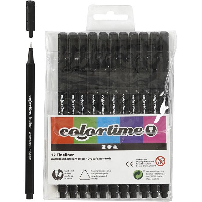 Colortime Fineliner-tusjer, strek 0,6-0,7 mm, svart, 12 stk./ 1 pk.