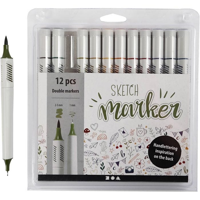 Tegnetusjer, strek 1+2-5 mm, douche farger, 12 stk./ 1 pk.