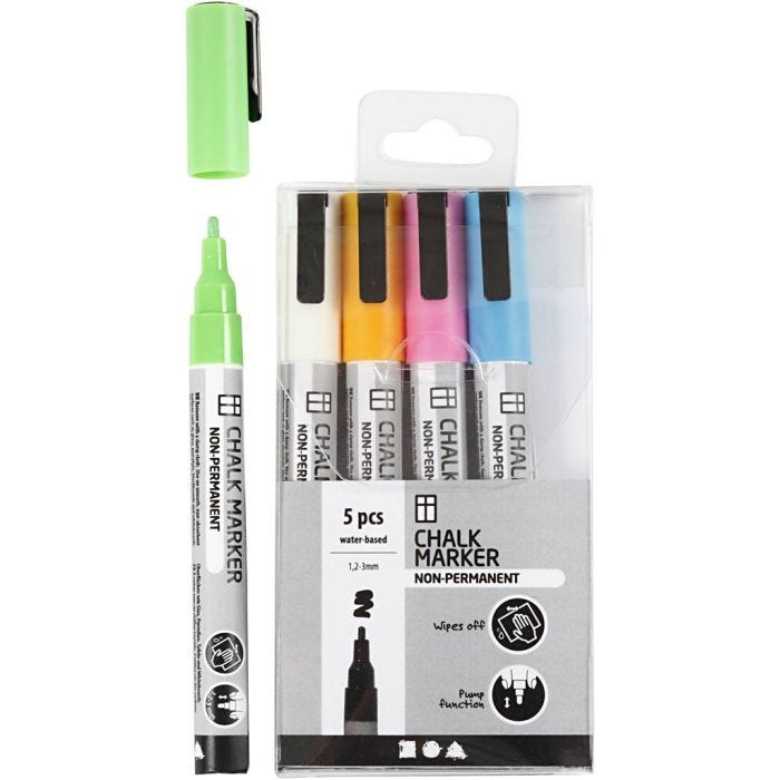 Chalk Markers, strek 1,2-3 mm, sterke farger, 5 stk./ 1 pk.