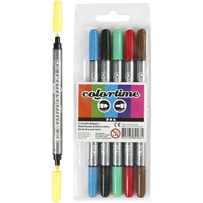 Colortime Dobbeltusj, strek 2,3+3,6 mm, standardfarger, 6 stk./ 1 pk.
