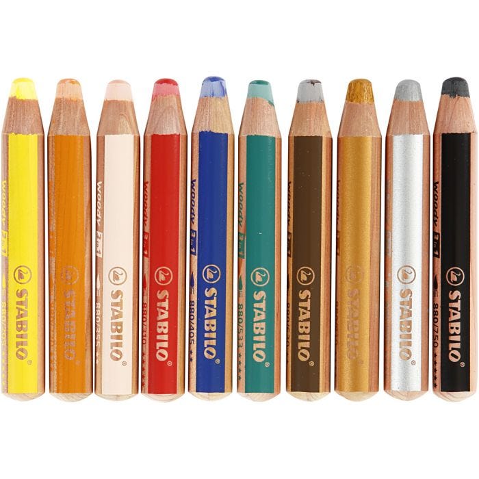 Woody 3-i-1, L: 11 cm, tykkelse 16 mm, mine 10 mm, ass. farger, 10 stk./ 1 pk.