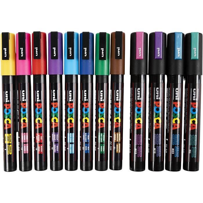 Posca Tusj, nr. PC-5M + PC-3M, strek 0,9-1,3 + 2,5 mm, ass. farger, 12 ass./ 1 pk.