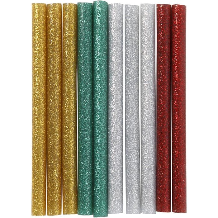 Limstaver Mini, L: 10 cm, dia. 7 mm, glitter, gull, grønn, rød, sølv, 10 stk./ 1 pk.