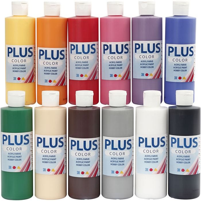 Plus Color Hobbymaling, standardfarger, 12x250 ml/ 1 pk.
