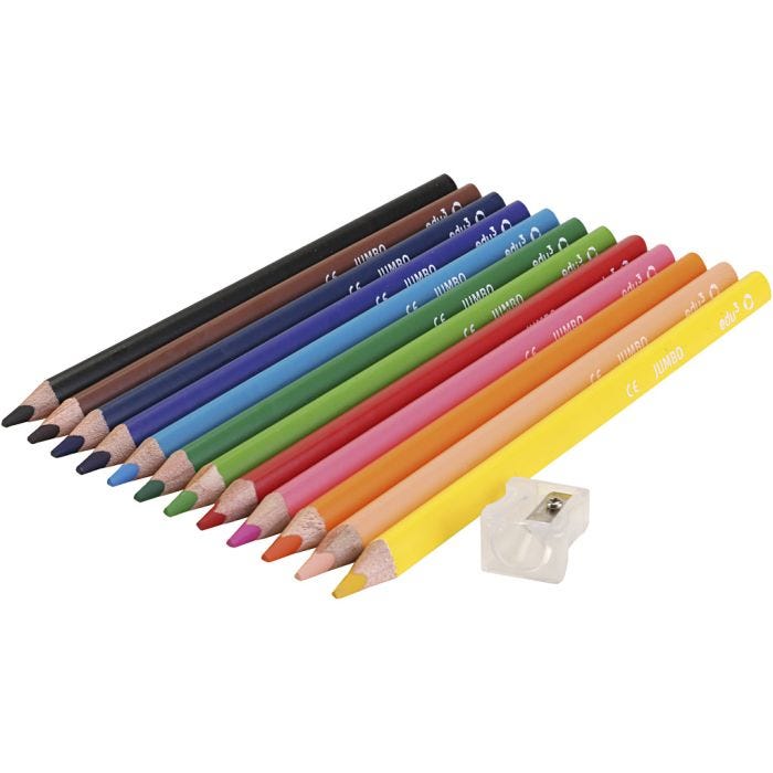 edu Jumbo Fargeblyanter, tykkelse 10 mm, mine 5 mm, ass. farger, 12 stk./ 1 pk.
