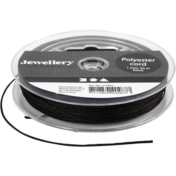 Polyester-snor, tykkelse 1 mm, svart, 50 m/ 1 rl.