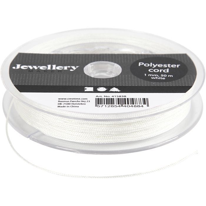 Polyester-snor, tykkelse 1 mm, hvit, 50 m/ 1 rl.