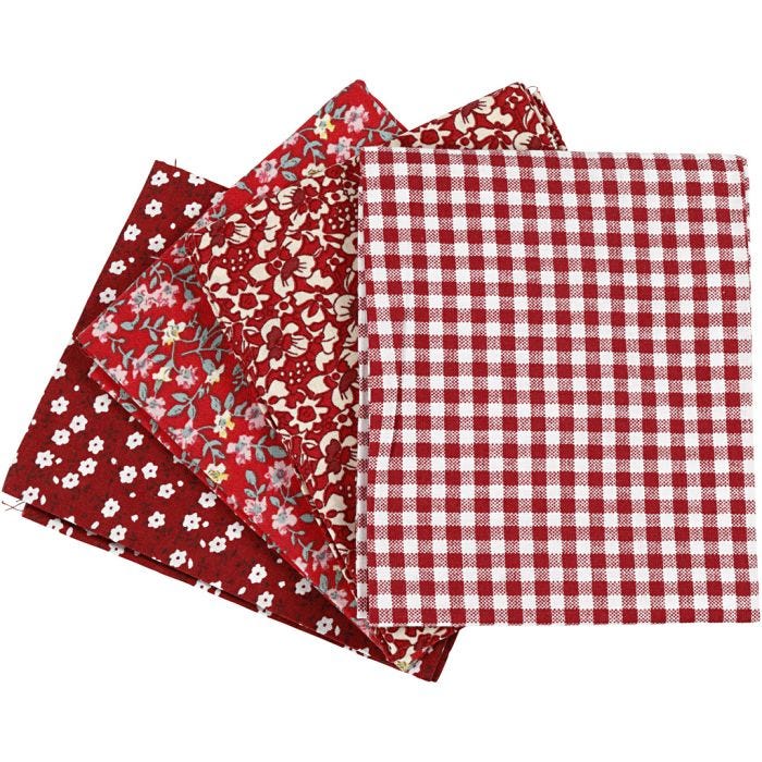 Patchwork stoff, str. 45x55 cm, 100 g, rød, 4 stk./ 1 bunt