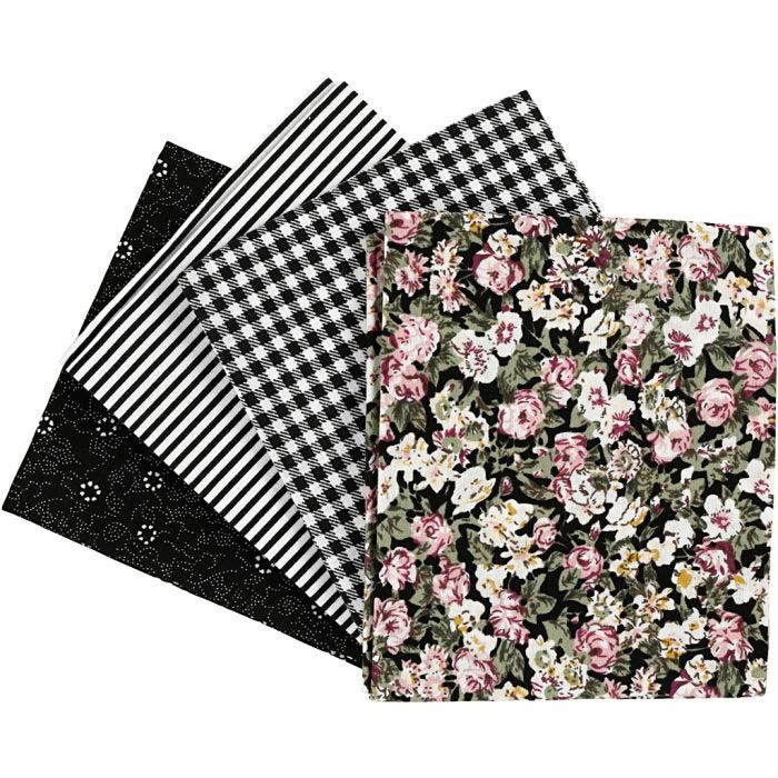 Patchwork stoff, str. 45x55 cm, 100 g, svart, 4 stk./ 1 bunt