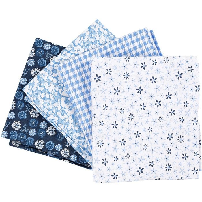 Patchwork stoff, str. 45x55 cm, 100 g, blå, 4 stk./ 1 bunt